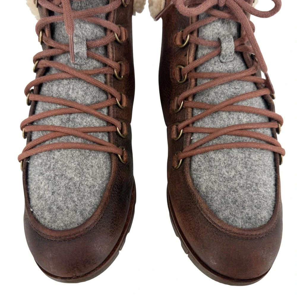 Sorel Harlow Lace Cozy Boots Women 9.5 Brown Leather Wool Hiker Ankle Waterproof